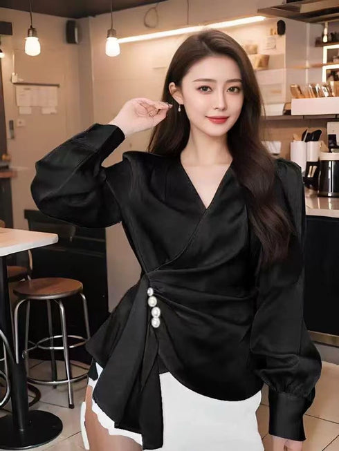 Stylish Formal V-Neck Long Sleeves Satin Tops
